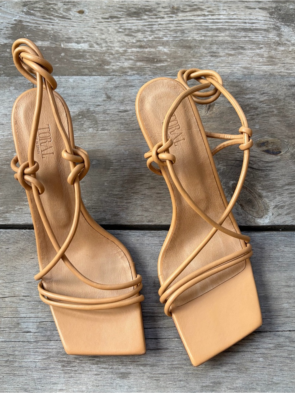 Toral Tan Strappy Knot Detail Square-Toe Heels